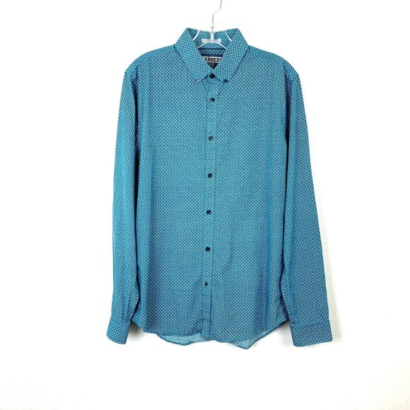 Express Men's Fitted Dress Shirt Size M 15-15.5 Green Geometric - Picture 1 of 5